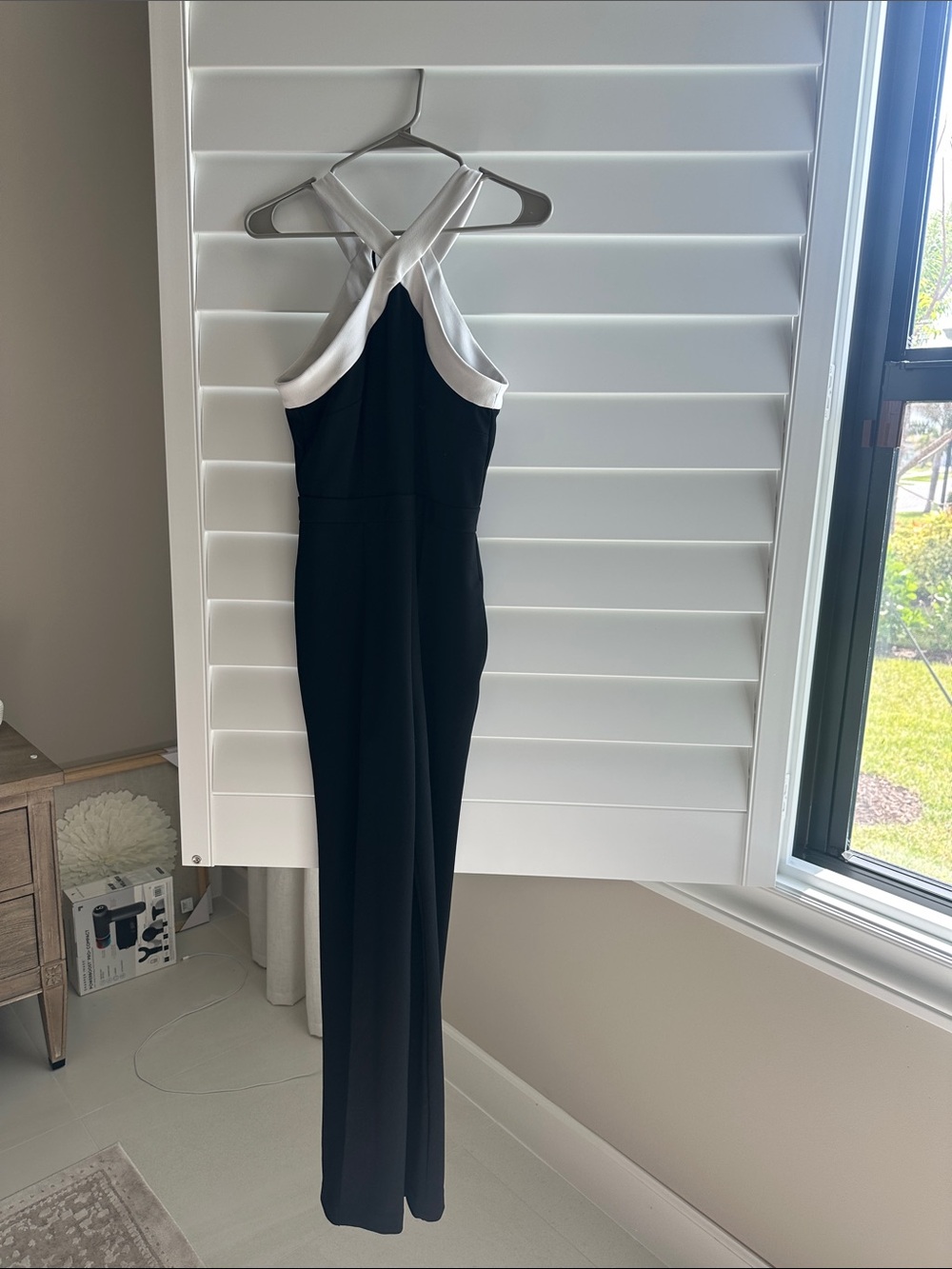 Donna Morgan Black Jumpsuit with White Crisscross Halter